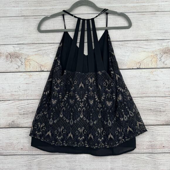 Lucky Brand Lace Multi Strap Blouse Womens Small Black Gold Lined Adjustable - Picture 2 of 9